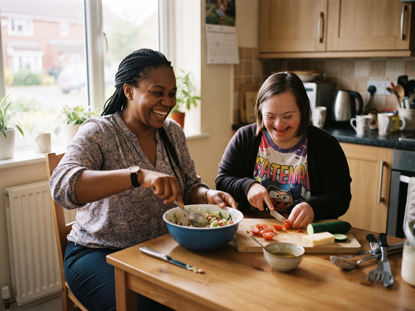 A support worker and a tenant preparing a meal together in a supported living kitchen